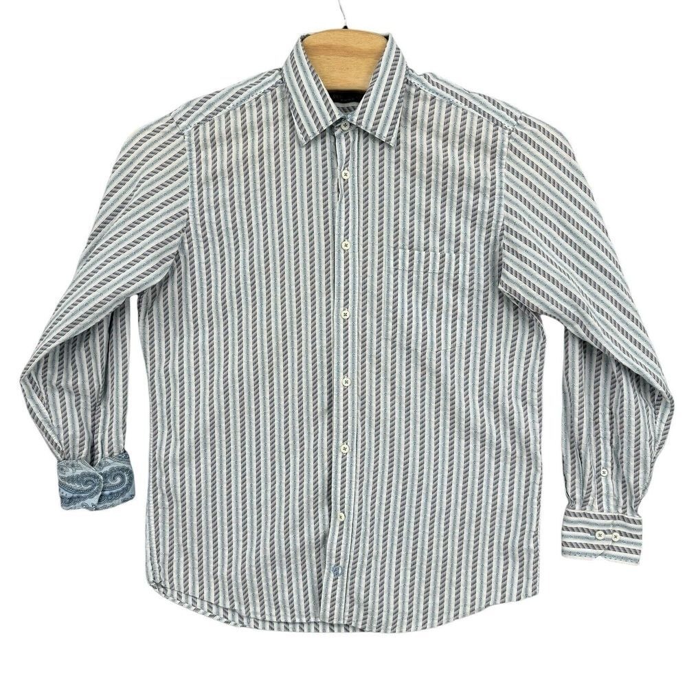 Bugatchi Uomo Large Blue Striped Long Sleeve Button Up Flip‎ Cuff Men's Shirt